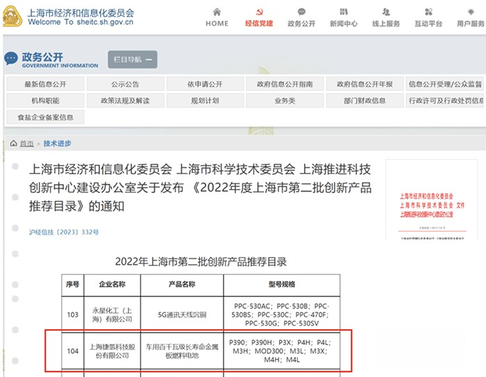 “捷氢启源”系列产品入选上海市创新产品推荐目录