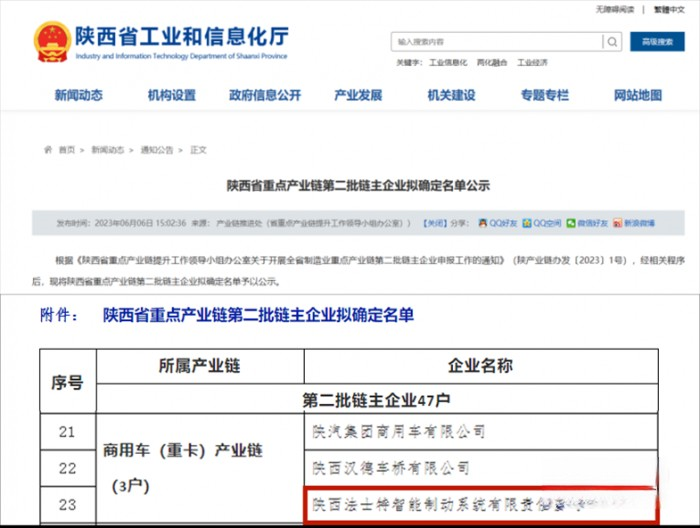 法士特智能制动公司入选陕西省重点产业链第二批“链主”企业